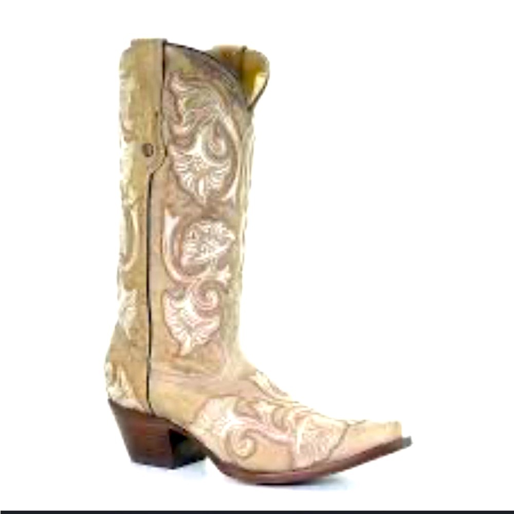 Corral beige and white embroidered leather goat western boots size 8